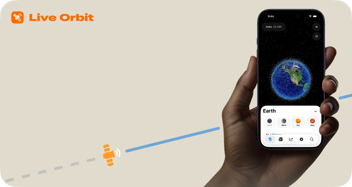 Live Orbit, showing satellites around Earth on an iPhone held in a hand