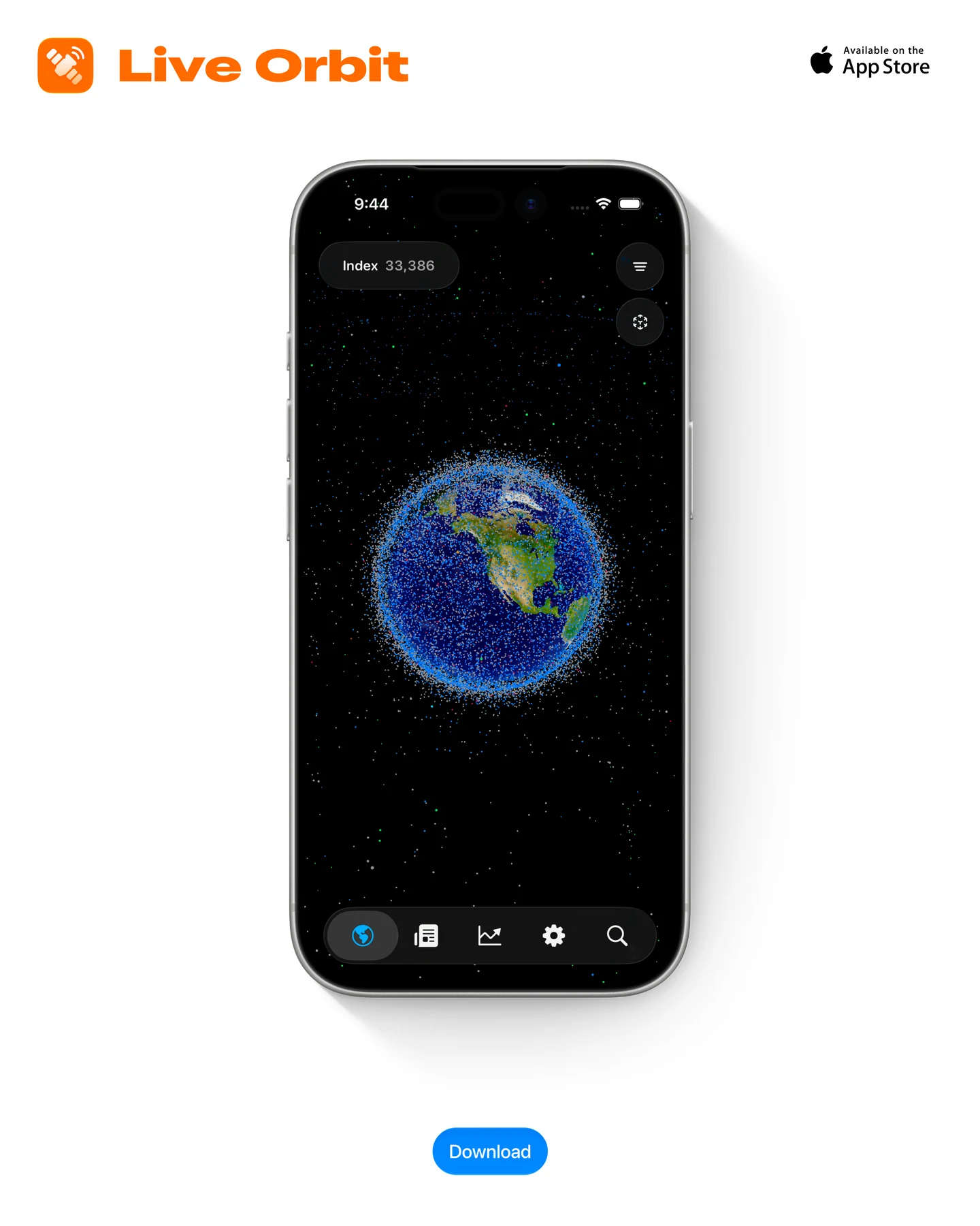 Live Orbit on iPhone, showing Earth surrounded by satellites